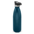A drink bottle in deep teal with a stainless steel top and a push button lid, featuring a logo.