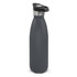 A drink bottle in dark grey with a push-button lid and stainless steel accents. Features a sleek, powder-coated finish.
