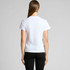 A white t-shirt with short sleeves, shown from the back, worn with black pants. The shirt has a logo on it.