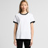 A white T-shirt with black ribbed sleeves and a crew neckline, featuring a logo on the front.