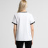 A white T-shirt with black collar and sleeve accents, shown from the back, featuring a logo.