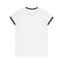 A white T-shirt with a navy blue collar and sleeve trim, featuring a logo.