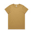 A mustard-coloured T-shirt with a round neckline and short sleeves. The shirt features a branding logo.