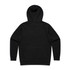 A black hoodie featuring a back view with a hood and long sleeves. It has a logo on the back.