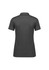 A women's short sleeve polo shirt in dark grey, featuring a collar and a logo.