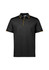 A black short sleeve polo shirt with yellow collar and button detailing, featuring a logo.