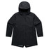 A black soft shell jacket with a hood and side pockets, featuring a streamlined design and a fitted look.