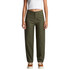 Olive-green cargo pants with a relaxed fit and multiple pockets, featuring a logo on the waistband.