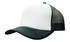 A trucker mesh cap featuring a white front panel and a black mesh back. The cap has a curved brim and a logo.