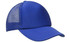 A blue truckers mesh cap featuring a solid front and mesh back. It has a curved brim and a branding logo.