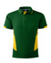 A green and yellow polo shirt featuring a logo, with contrasting stripes on the sides.