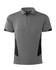 A grey polo shirt with black accents, featuring a collar and a logo on the upper section.