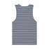 A sleeveless singlet featuring navy and white horizontal stripes, with a simple design and a logo on the back.