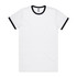 A white T-shirt with black collar and sleeve trims. The shirt features a small logo on the label.