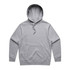 A grey hoodie featuring a front pocket and a drawstring hood, with a logo on the front.