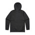 A black windbreaker jacket with a hood, featuring long sleeves and a simple design. It has a logo on the back.