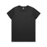 A black t-shirt featuring short sleeves and a round neckline, with a logo on the label.
