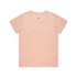 A pink T-shirt with a crew neckline and short sleeves, featuring a label and no visible graphics.