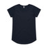 A black women's t-shirt with a round neckline and short sleeves, featuring a logo on the inside label.