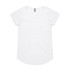 A white t-shirt with short sleeves and a rounded neckline. It features a small logo on the tag.