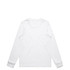 A long-sleeve white T-shirt with a simple design and a logo on the front.