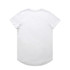A plain white t-shirt with short sleeves and a rounded hem, featuring a logo on the back.