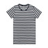 A black and white striped T-shirt with a classic crew neckline and short sleeves. It features a logo on the label.
