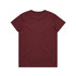 A maroon T-shirt featuring a simple design and a small logo on the back.