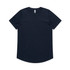 A navy blue t-shirt with a rounded neckline and a logo on the label.