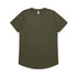 An olive green T-shirt with a rounded neckline and short sleeves, featuring a logo on the tag.