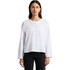 A long-sleeve white t-shirt with a relaxed fit displayed on a model against a plain background.
