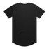 A black T-shirt with a curved hem and short sleeves, featuring a logo on the back.