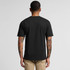 A black t-shirt with short sleeves, featuring a logo on the back. The model is shown from the rear.