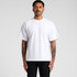 A white oversized t-shirt with short sleeves and a relaxed fit, featuring a visible logo.