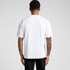 A white t-shirt with short sleeves and a relaxed fit, featuring a logo on the back.