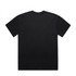 A black T-shirt with a solid back, featuring a simplistic design and a logo.