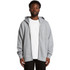A grey zip-up hoodie with a hood, featuring a logo, worn over a white t-shirt.
