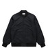 A black bomber jacket with a plain design, featuring a button front and ribbed cuffs and hem.