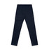 A pair of navy blue slacks with a smooth finish and back pockets, featuring a branding logo.