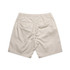 A pair of beige dress shorts with an elastic waistband and two back pockets, featuring a branding logo.