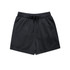 Black track shorts with an elastic waistband and drawstring, featuring side pockets. Includes a branding logo.