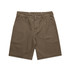 Canvas cargo shorts in a brown hue, featuring multiple pockets and an elastic waistband. Includes a branding logo.