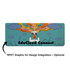 A colorful desk mat featuring clouds, a character with vibrant hair, and a logo. The background is predominantly blue.