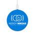 A round blue wireless charger featuring the logo of "Nerdy Ninjas Coding Company."