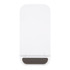 A white wireless charger with a sleek design and a dark grey base. It features a logo on its surface.
