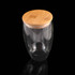 A drink bottle with a clear glass body and a natural bamboo lid, designed for stylish beverage storage.