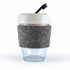 A reusable coffee cup featuring a clear glass design with a textured grey RPET band and a light-colored lid.