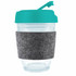 A reusable coffee cup designed with a clear body, a flip lid in turquoise, and a grey RPET band for insulation.