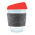 A reusable coffee cup featuring a transparent design, a bright red silicone lid, and a grey RPET band for grip.