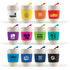 A collection of reusable coffee cups in various colors, featuring silicone bands and diverse logos.
